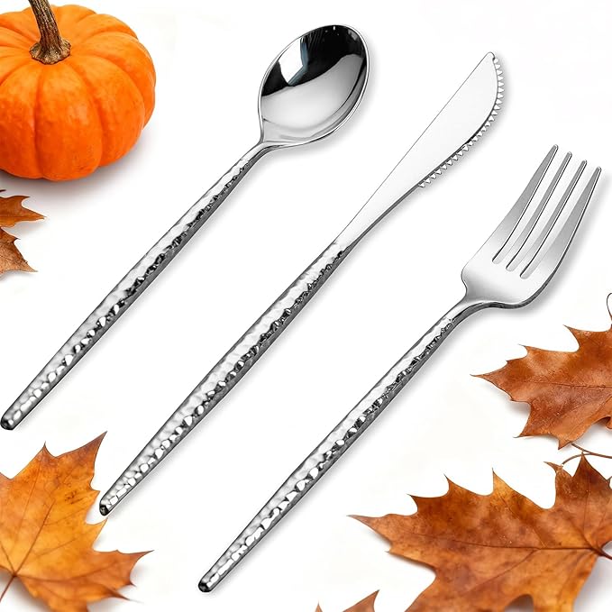 Rubtlamp 90Pcs Silver Plastic Silverware, Hammered Disposable Silverware,Silver Plastic Forks And Spoons, Fancy Plastic Cultery Include 30 Forks, 30 Knives And 30 Spoons for Party