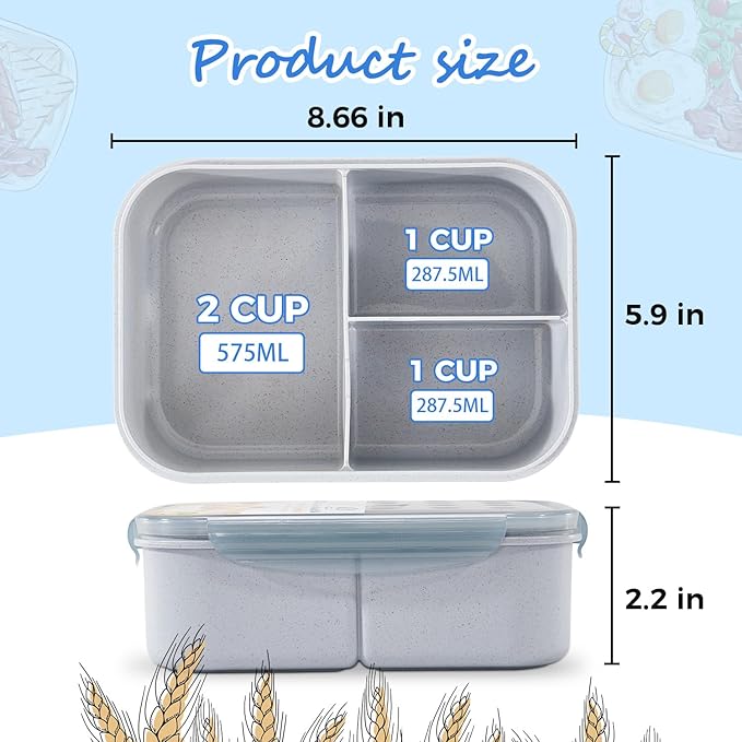 MISS BIG® Large Bento Lunch Box for Adults, 1900ml, 3 Compartments, Gray