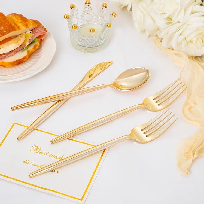 Supernal 180pcs Gold Plastic Silverware Set, Disposable Cutlery