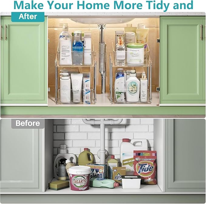 AITOPMART 2 Pack Bathroom Organizer,2 Tier Clear Under Sink Organizers Vanity Countertop Storage Container,Cabinet Drawers Bins, Pull-Out Organization with Track for Pantry, Kitchen