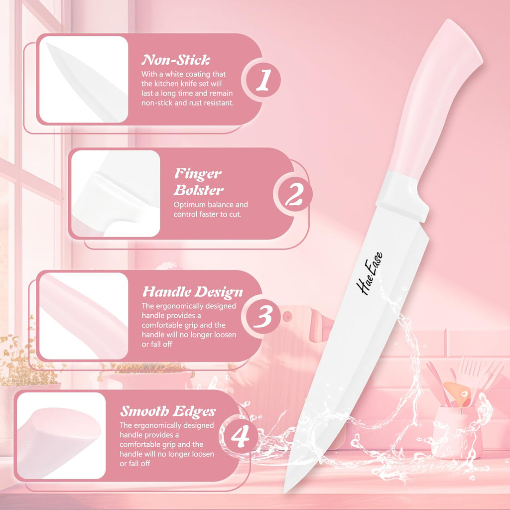 HueEase 14 Pieces Knife Set with Block, Ceramic White Coating, High Carbon Stainless Steel Sharp Blade Block Knife Set, Dishwasher Safe Cutlery, Colliding Pink