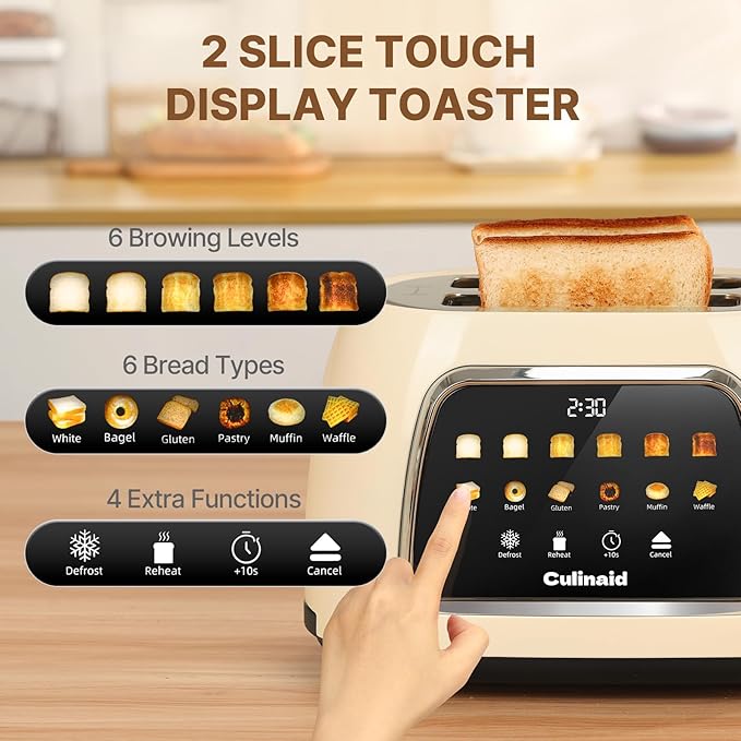 Culinaid Toaster 2 Slice Smart Touch Screen, Retro 1.5'' Extra Wide Slot Stainless Steel Digital Bread Toaster with Memory Function, Bagel, Defrost, 6 Browning Levels and Removable Crumb Tray, Cream