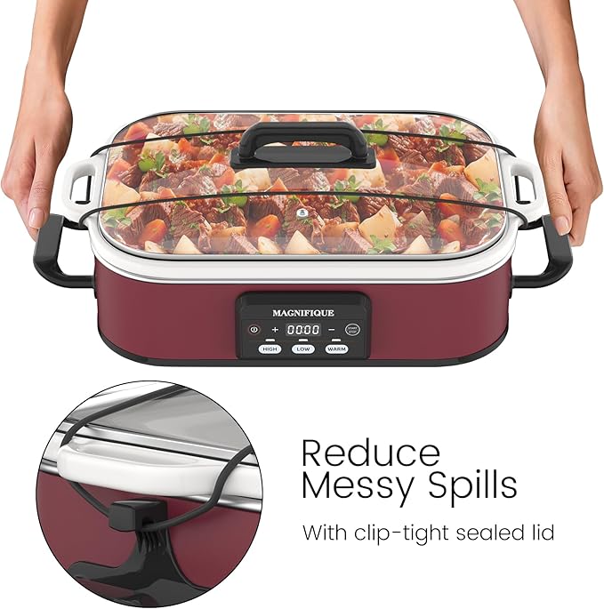 4 Quart Casserole Programmable Slow Cooker with Ceramic Baking Dish - Perfect Kitchen Small Appliance for Family Dinners, Oven Safe and Durable Bakeware for Lasagna, Roasts, Red