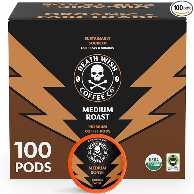 Death Wish Coffee Medium Roast Single Serve Pods, Organic, 100 Count