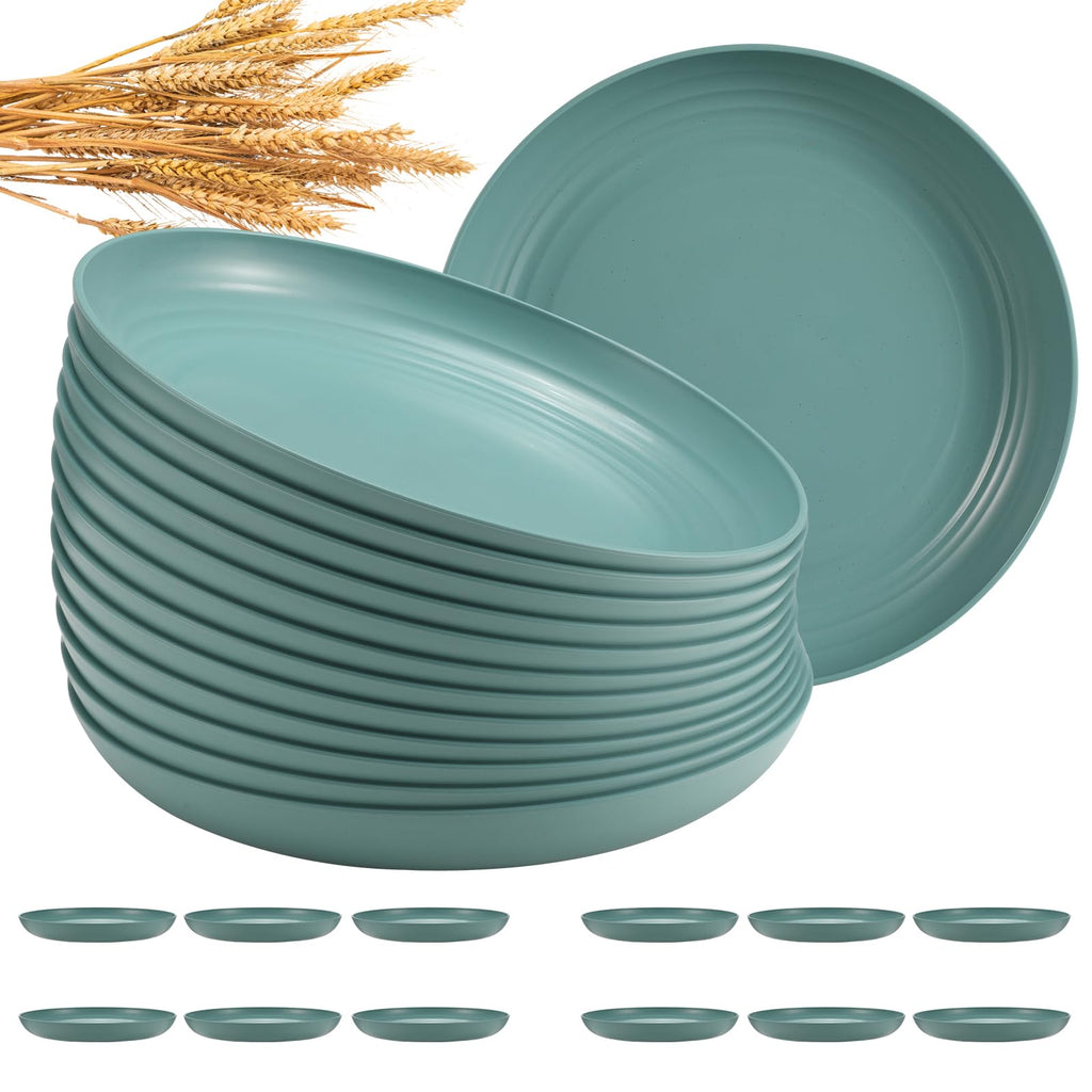 HEYCOME 12 Pcs Unbreakable Deep Dinner Plates Set, 10 inch Reusable Plastic Wheat Straw Plates, Microwave and Dishwasher Safe Plate for Kitchen, Lightweight Plate for Dessert, BPA Free, Dark Green