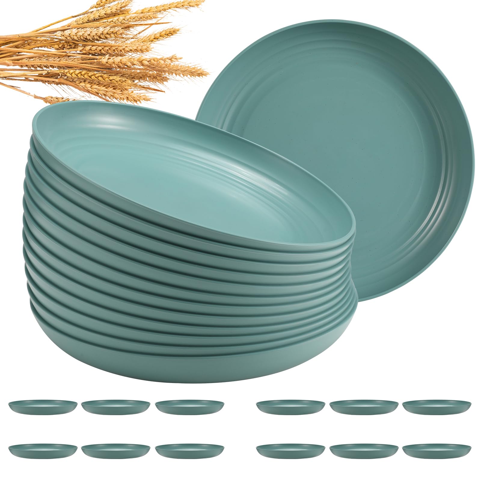 HEYCOME 12 Pcs Unbreakable Deep Dinner Plates Set, 10 inch Reusable Plastic Wheat Straw Plates, Microwave and Dishwasher Safe Plate for Kitchen, Lightweight Plate for Dessert, BPA Free, Dark Green