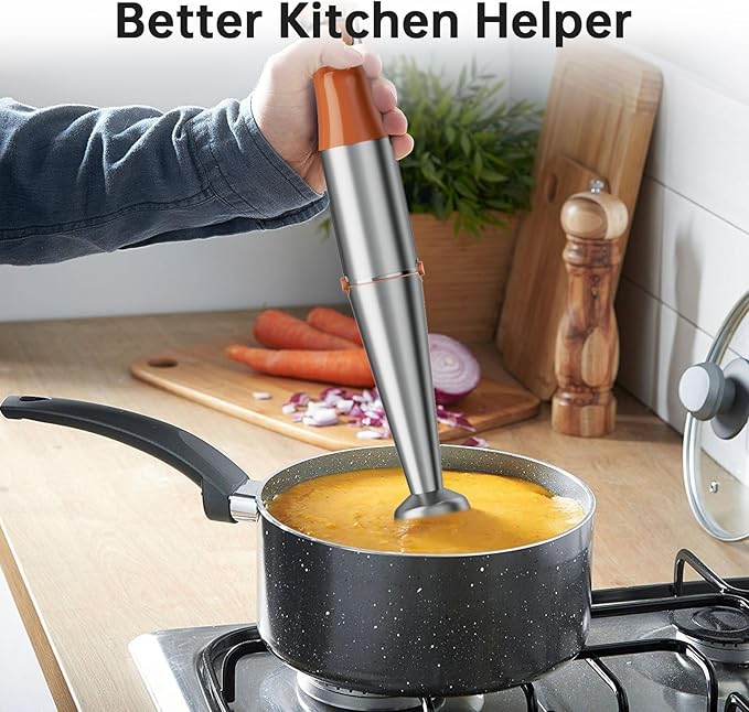 Turelar Immersion Blender Handheld Corded Hand Blenders Set 1100W, Trigger Variable Speed 5 in 1 Stick Emulsifier with Chopper, Whisk and Frother for Soup, Baby Food and Smoothies, Orange