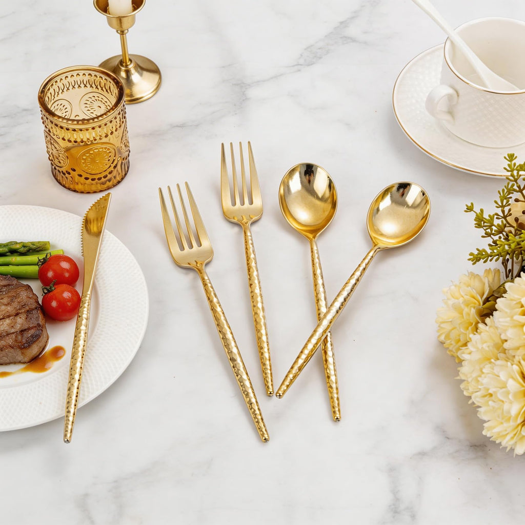Rubtlamp 90Pcs Gold Plastic Silverware, Gold Disposable Utensils, Hammered Plastic Silverware, Plastic Forks And Spoons Set Include 30 Forks, 30 Knives,30 Spoons For Daily Use