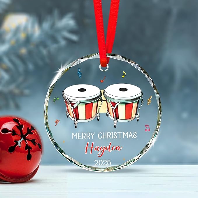 Bongo Drum Player Christmas Ornament Gifts, Personalized Text & Name Musical Instrument Glass Ornament Xmas Tree 2026, Bongo Glass Ornaments Gifts for Drummer Music Lovers, Custom Musician Ornaments
