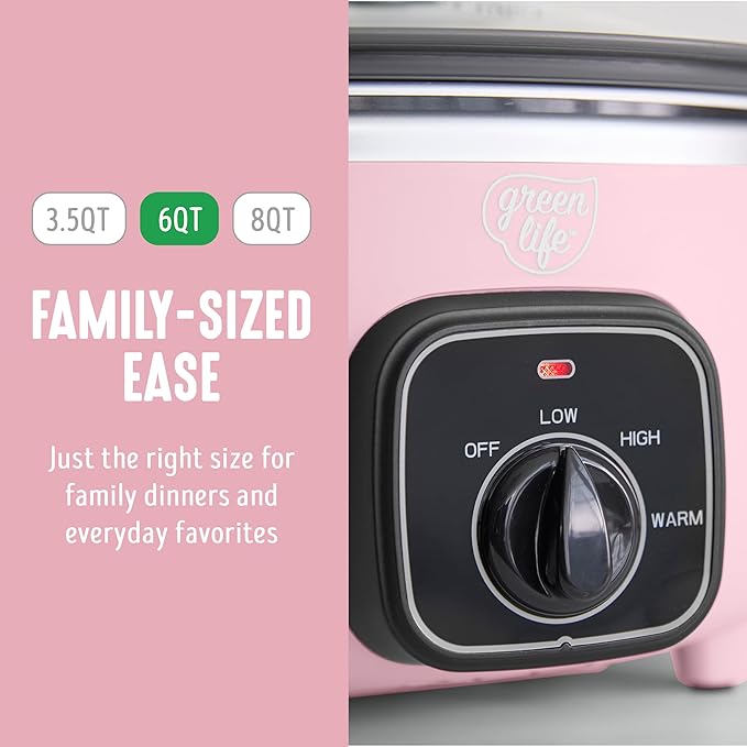 GreenLife 3.5QT Ceramic Nonstick Slow Cooker, Cooktop/Oven Safe, Pink
