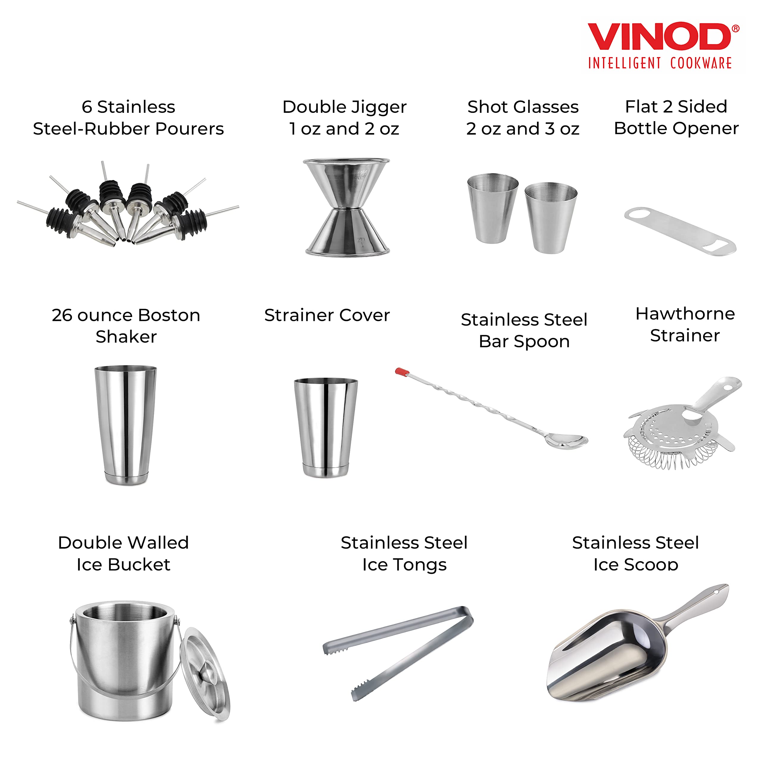 Vinod Stainless Steel Cocktail Set, 17-Piece Bar Accessories, for Parties