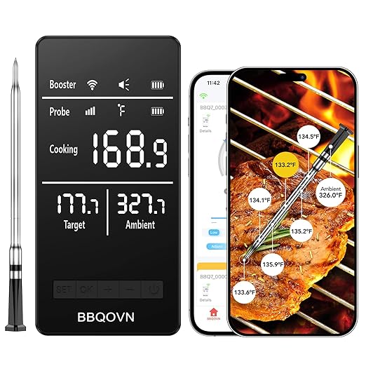 Smart WiFi Wireless Meat Thermometer Unlimited Range 7 NIST Cert.Sensors Accuracy ±0.5°F Sub-1G (10X Stronger Than Bluetooth) APP&Digital Base,Monitor for BBQ, Grill,Oven, Smoker(1, Black, Small)