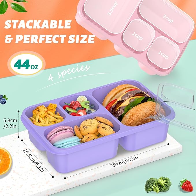 Enstphjoy Bento Lunch Box - 4 Pack, Snack Box Containers Meal Prep Container Microwave Safe, Lunch Box of 4-Compartment, Bento Box Adult Lunch Box, Dishwasher Safety (PP(B/P/G/P))