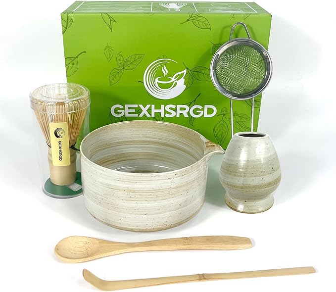 GEXHSRGD Matcha Whisk Set 6 pc Kit - Traditional Japanese Chasen, Bamboo Whisk Holder, Ceramic Bowl with Spout, Sifter & 2 pc Spoons - matcha kit set, Gift for Matcha Tea Lovers(Gray)