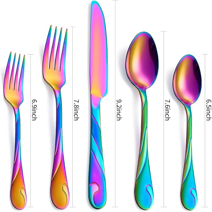 Seeshine Rainbow Silverware Set for 6, 30-Piece Stainless Steel Flatware Set, Shiny Rainbow Metal Cutlery Set, Include Fork, Knife and Spoon Set, Dishwasher Safe