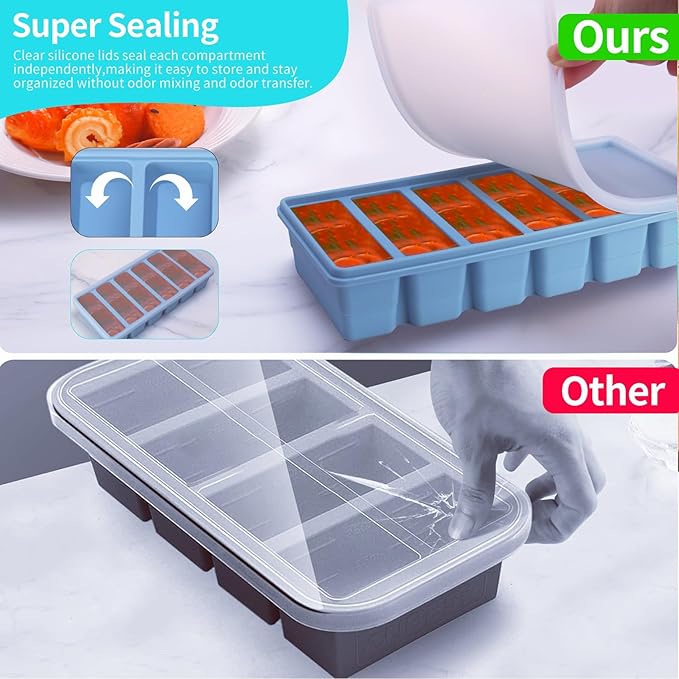 1/2 Cup Silicone Freezer Tray With Lid - Silicone Freezer Molds 2-Pack For meal prep & freezing of various sauces and other dishes, makes 12 perfect 1/2 cup portions cube (Blue 2 Pack)