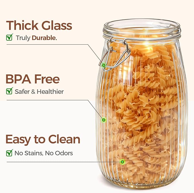 ComSaf Large Ribbed Glass Jars with Airtight Lids 51 oz 3 Pack Wide Mouth