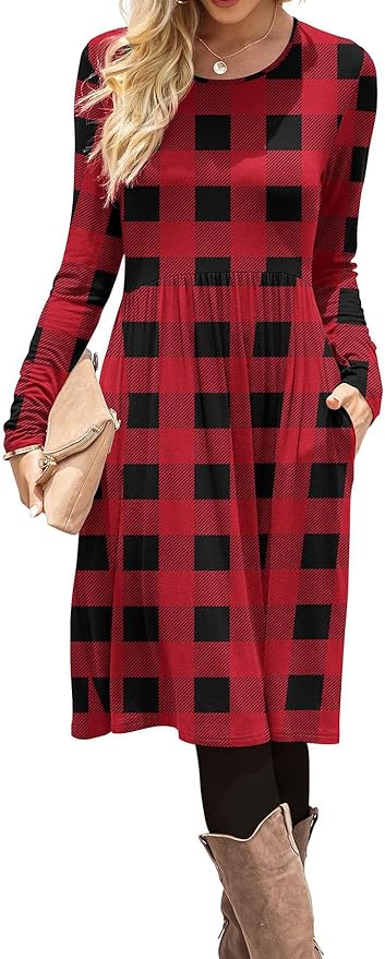 DB MOON 2026 Women Casual Long Sleeve Fall Dresses Empire Waist Knee Length Loose Dress with Pockets (Red Plaid, 2XL)