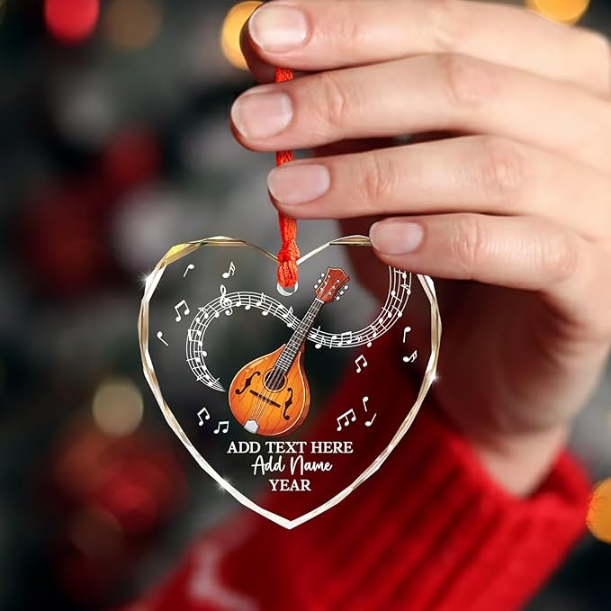 Custom Mandolin Christmas Glass Ornament 2026, Personalized Mandolin Player Xmas Ornament with Text Name & Year, Musical Instrument Christmas Tree Ornaments, Gift for Men Women Mandolinist