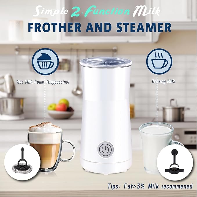 Huogary Milk Frother Simple Milk Frother and Steamer 2-in-1 Milk Steamer with Hot Milk Foam and Hot Milk for Latte, Macchiato, Cappuccinos, White （Medium）