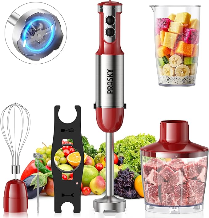 Immersion Blender Handheld 1200W, 5-in-1 Hand Blenders, 20 Speeds Hand Mixer, Stainless Steel Blades, Milk Frother Wand, Whisk, Beaker, Suitable for Kitchen, Protein Shakes and Baby Food