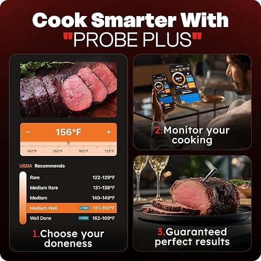 Wireless Meat Thermometer 6 Sensors Accuracy Digital Food Thermometer 0.5S Instant Read, IP67 Waterproof for BBQ, Grill, Smoker, Oven, Air Fryer,Red