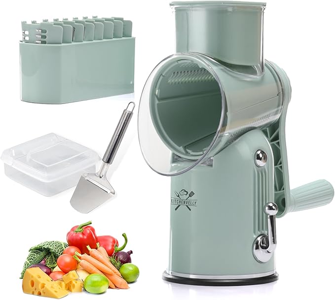 Kitchenvelly Rotary Cheese Grater Hand Crank, 5 in 1 Vegetable Slicer, Manual Cheese Shredder with Stainless Steel Blades, Food Grater for Cheese Vegetables Nuts, Suction Base, Easy Clean, Green
