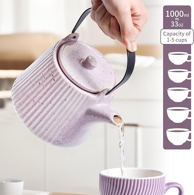 Yundu Ceramic Teapots for Tea, 1000ml/33.8oz Tea Pot with Infusers for Loose Tea, Striped Tea Pot with Removable Tea Infuser - Reactive Pueple