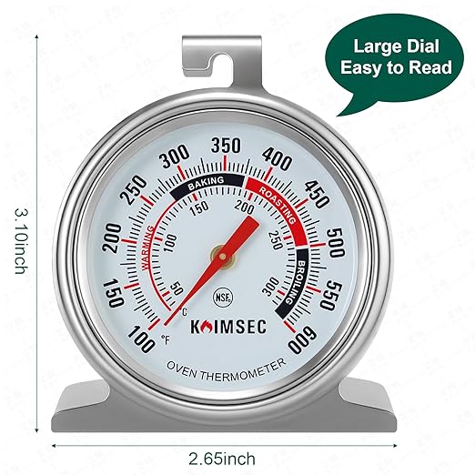 Oven Thermometer for Temperature Gauge, Safe for Inside Gas/Electric/Grill Smoker, Analog Dial Stainless Steel Oven Thermometers with Large Hanger & Baser for Instant Reading in Cooking Baking