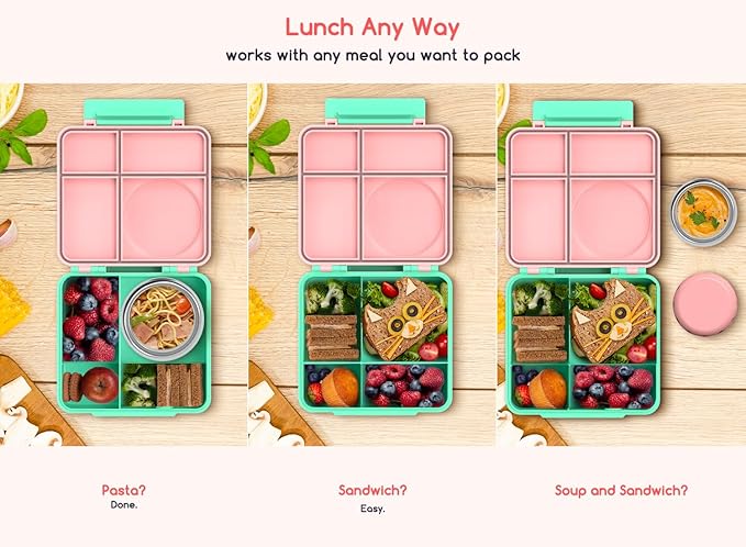 JoyYum Bento Box for Kids - Leak-Proof Bento Lunch Box with Insulated Thermo Food Jar - 4 Compartments, 1 Removable Divider, 1 Spoon, 1 Fork - Dishwasher Safe, BPA-Free (Light pink)