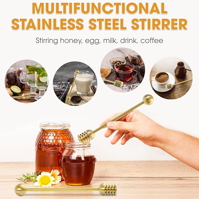 DUGATO Honey Dipper, 6.3 in Stainless Steel Server Stick, 2-Pack Gold Color