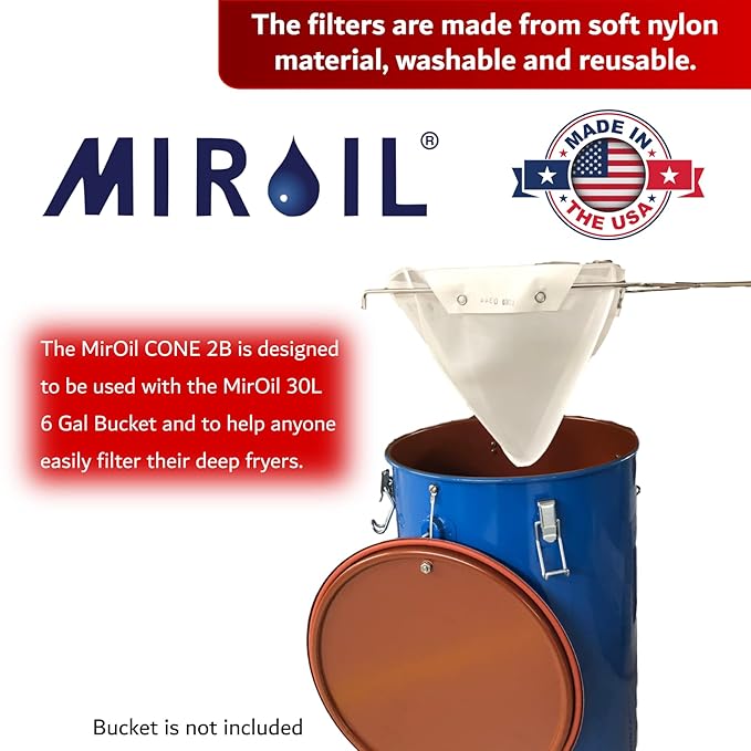 MirOil CONE2B Fryer Filter Bag & Frame Combo Set – Durable Reusable Strainer Bag and Metal Support Frame for Commercial Kitchen Use - Compatible with MirOil Blue Oil Caddy - Model #30L