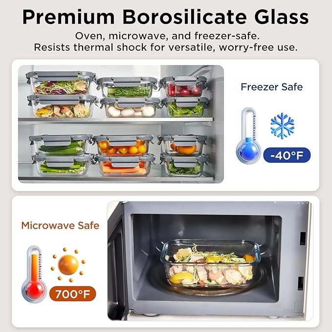 Spreccio Glass Food Storage Containers with Lids, 5 Pack of 36oz, Glass Meal Prep Container with Airtight Lids, Microwave Safe Food Container Set, BPA Free, LeakProof, Ideal for Lunch