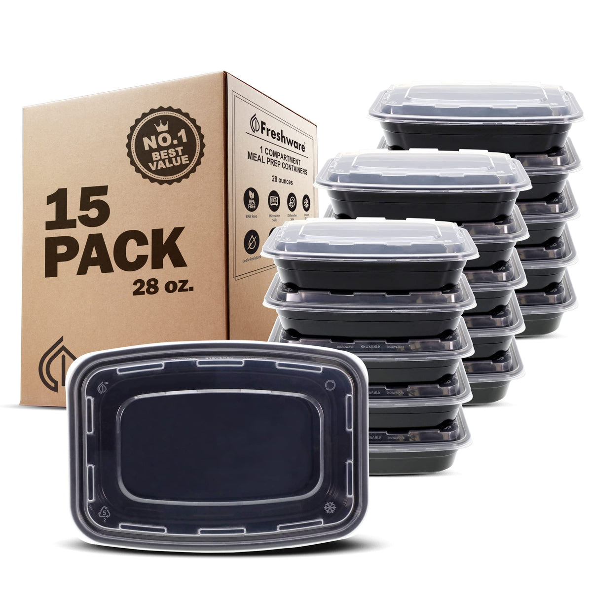 Freshware Meal Prep Containers [150 Pack] 1 Compartment Food Storage Containers with Lids, Bento Box, BPA Free, Stackable, Microwave/Dishwasher/Freezer Safe (28 oz)