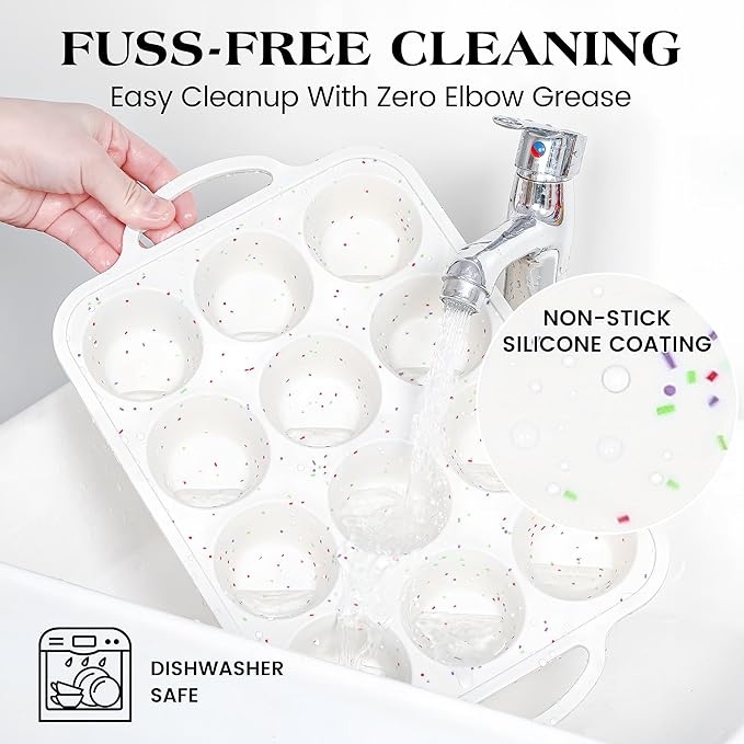 AOTASO 2 Pcs Silicone Muffin Pan with Metal Frame Nonstick 12 Cup Regular Size Cupcake Pan Silicone Muffin Tray for Baking Egg Bites Muffins Cupcakes Gifts for Mom Home Baker Kitchen (Cream)