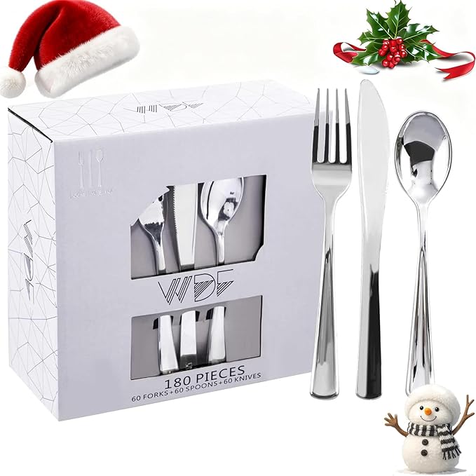 WDF 180 Pieces Silver Plastic Silverware - Silver Plastic Cutlery - Fancy Plastic Silverware Heavy Duty - 60 Forks 60 Knives 60 Spoons - Disposable Plastic Utensils Perfect for Party Wedding