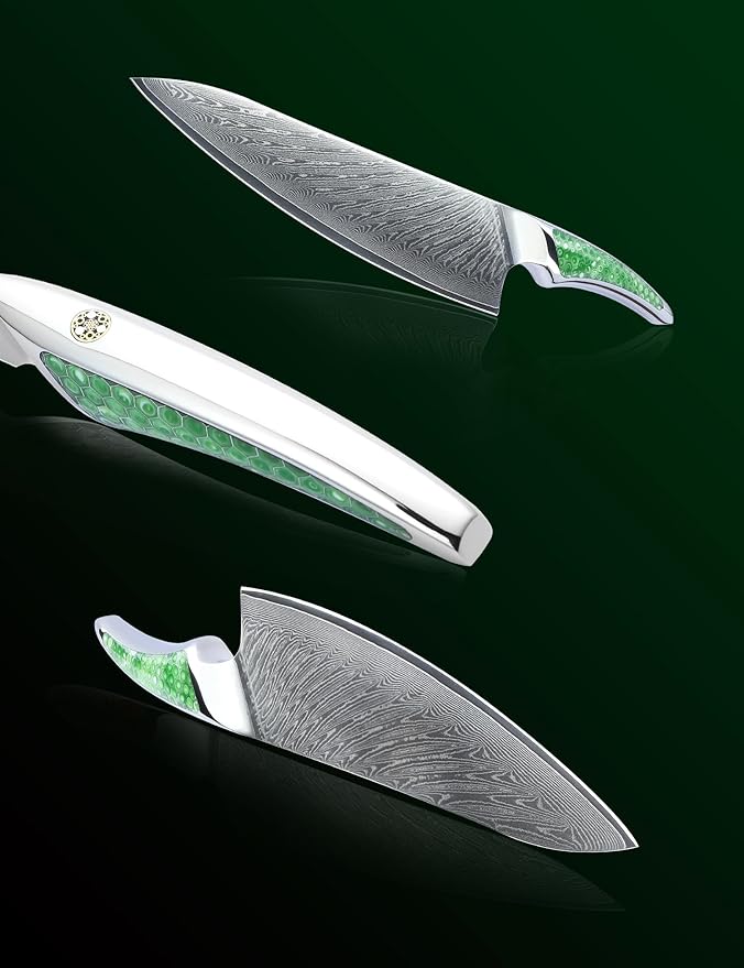 SANMUZUO 8 inch Chef Knife, Japanese VG-10 Damascus Steel Kitchen Knife, Ultra Sharp Cooking Knife with Full-tang Handle in Green Resin, LA-S9 Series
