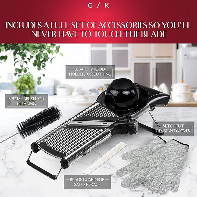 Gramercy Adjustable Mandoline Food Slicer, Mandoline Slicer for Kitchen, Mandolin, Potato, Tomato, Carrot, Vegetable, Fruit and Onion Cutter, Stainless Steel, INCLUDING Cut-Resistant Gloves, Black PRO