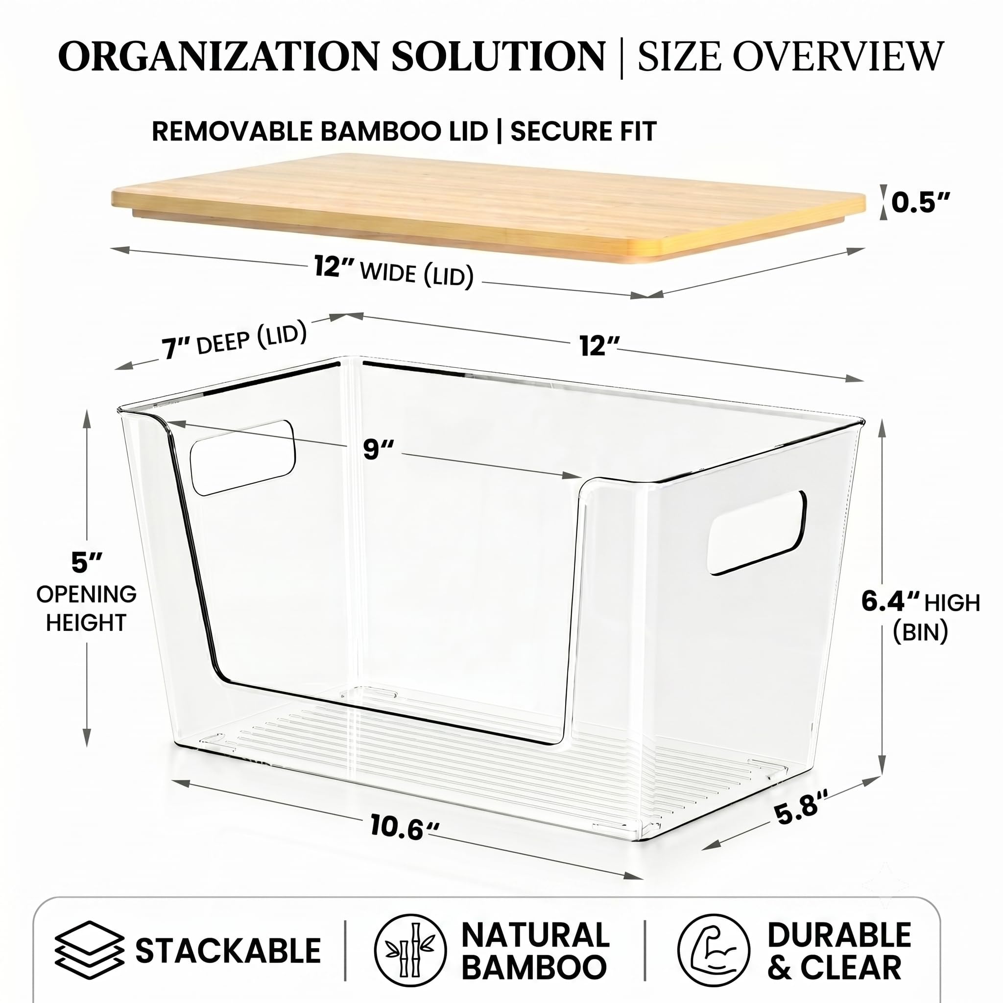 CiWiVOKi 6 Pack Clear Stackable Storage Bins with Bamboo Lids, Trash Bag Holder Dispenser Under Sink Organizer for 4-13 Gal Bags, Plastic Storage Containers for Pantry Bathroom Kitchen Organization