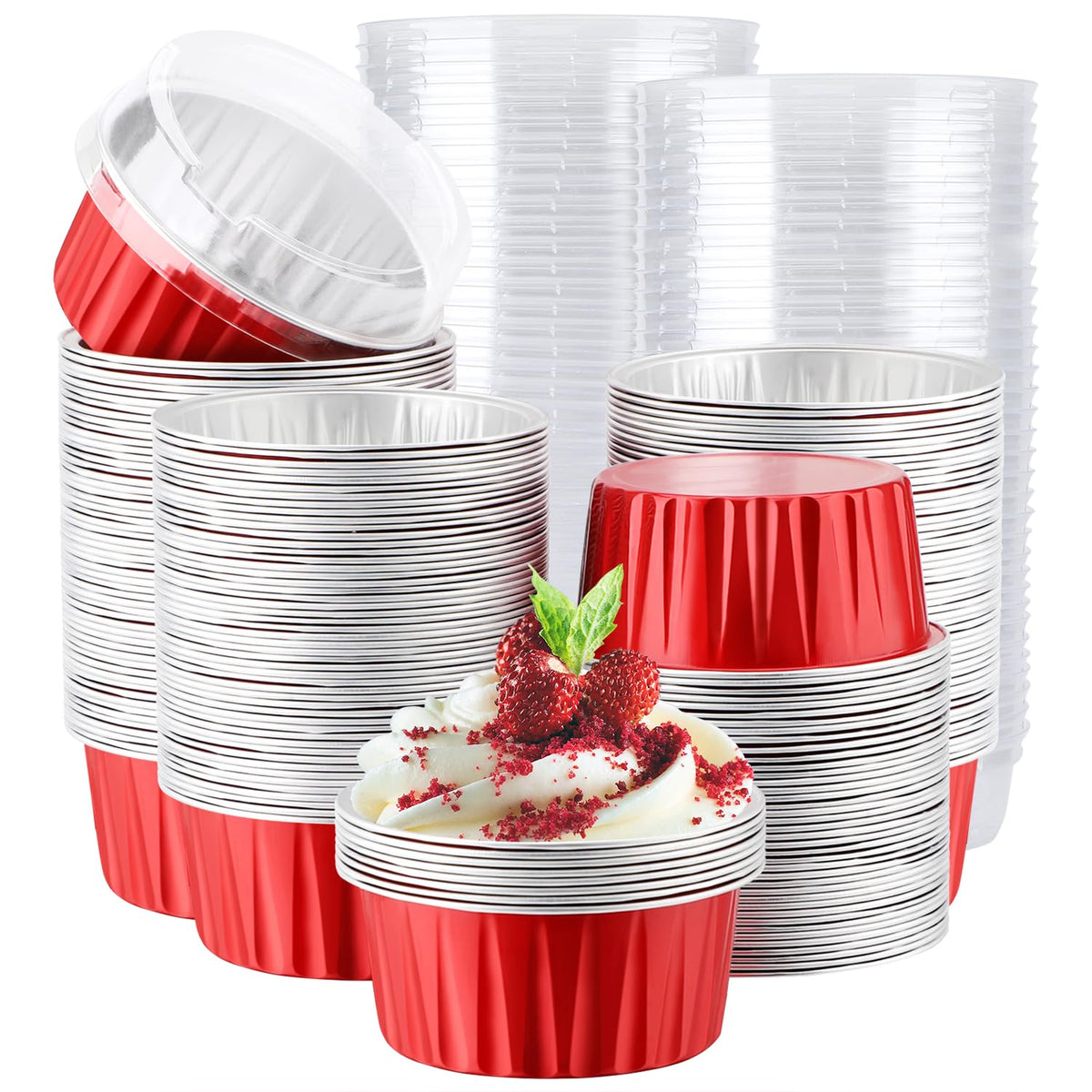 EUSOAR Cupcake Liners for Baking, 50pcs 5oz Muffin Liners, Disposable Foil Ramekins, Dessert Containers, Aluminum Foil Baking Cupcake Cups Holders Pans with Lids 5 Colors Mixed