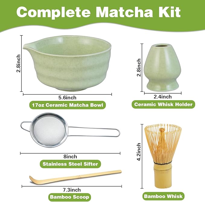 Matcha Whisk Set, Ceramic Matcha Bowl with Spout, Bamboo Whisk, Chasen Holder, Sifter, Traditional Scoop, Complete Tea Making Kit for Matcha Lovers, Beginner Starter Gifts for Women Men
