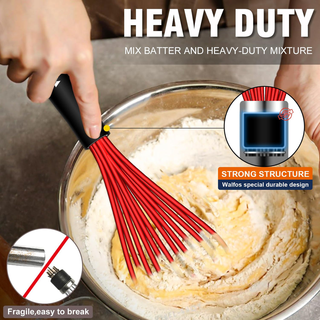 Walfos Whisk,7+9+11in Silicone whisk, BPA free Whisks for Cooking Non Scratch. Heat Resistant(480°F) Wisk. Perfect for Blending, Mixing, Beating etc.Dishwasher Safe.Set of 3 (Colorful)