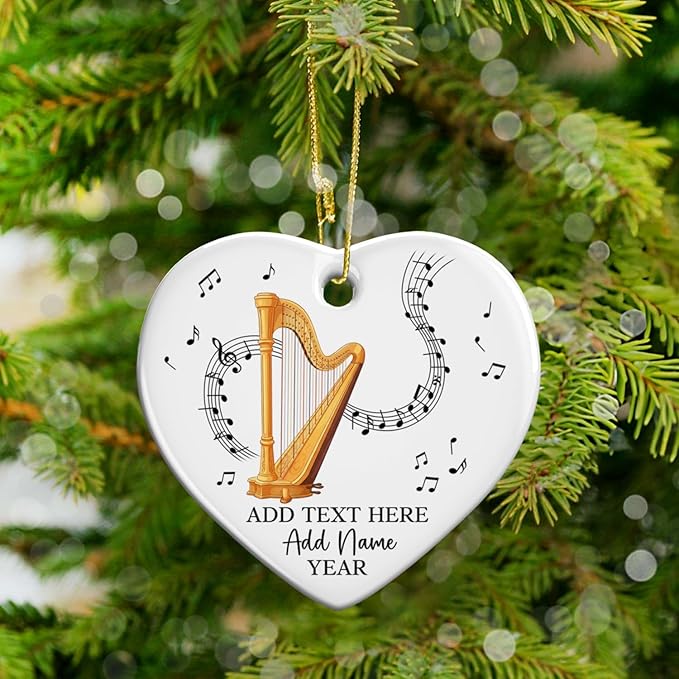 Customized Harp Music Instrument Ceramic Ornaments, Personalized Text Name Year Harpist Christmas Ornament, 2026 Xmas Ornament Gift for Harp Player Teacher Student, Musician Xmas Decorations