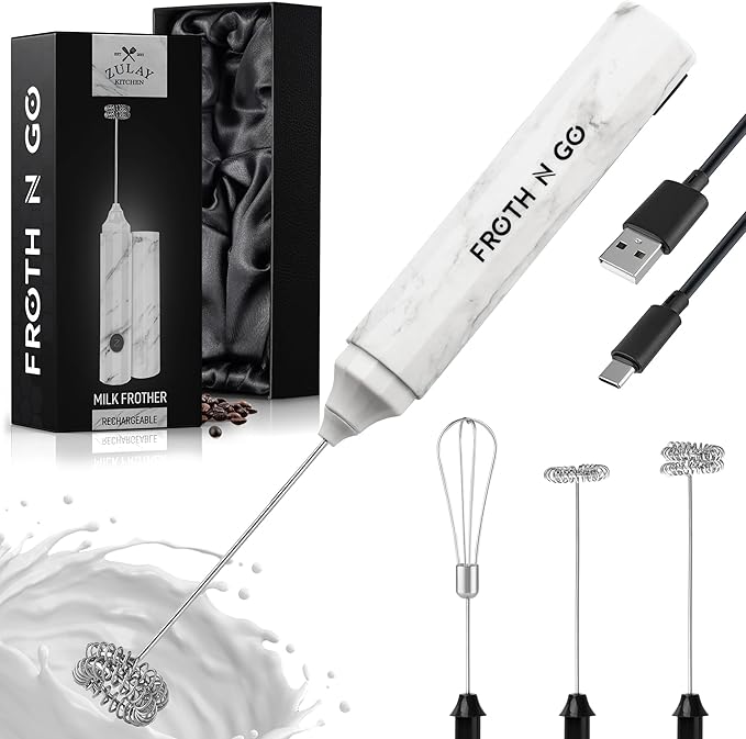 Zulay Froth N Go Milk Frother – Rechargeable 3-in-1 Handheld Frother Wand with Travel Case & USB-C Charger – Single, Double & Egg Whisk for Latte, Cappuccino, Matcha, Protein Shakes - Frosted Marble