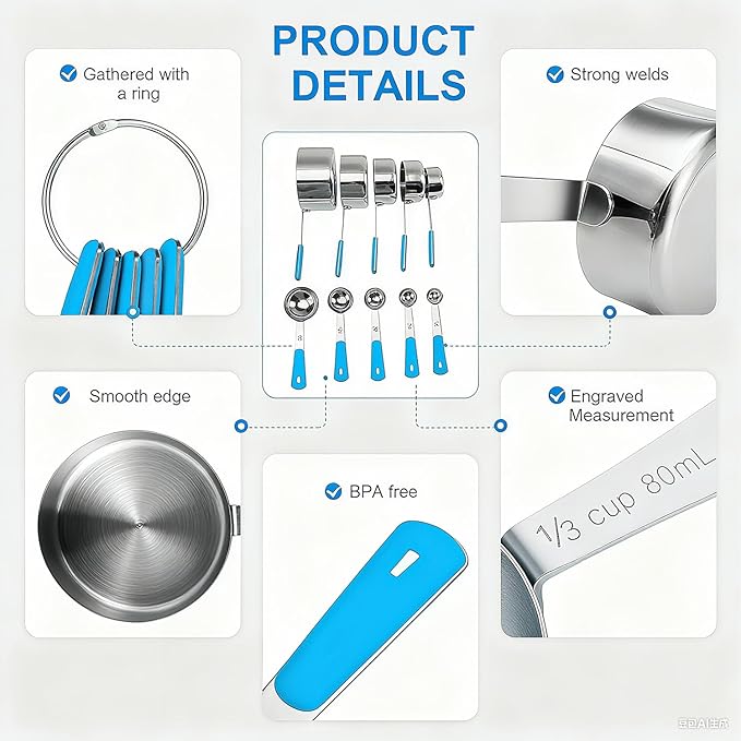 Bopei Measuring Cups and Spoons Set Stainless Steel 10 Piece for Cooking and Baking (5 Cups + 5 Spoons, Light Blue Handle)