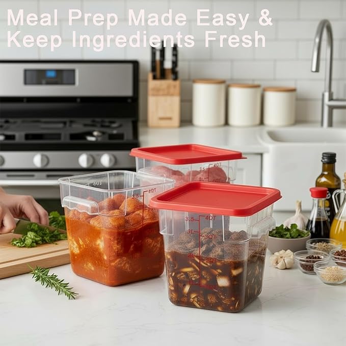 SHANDERBAR 4 Pack 4QT Food Storage Containers with Red Lids - Square, Clear