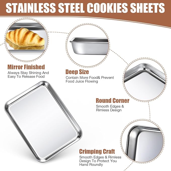 Potchen 3 Pcs Baking Sheet Pan Set Stainless Steel Cookie Sheet Small Toaster Oven Pans Tray Barbecue Grill Pan Rectangle Trays Oven Freezer Bakery, Non-stick, Easy Clean, 9 x 6.7 x 1 Inches
