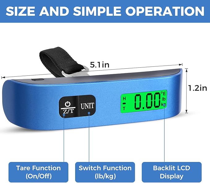 BAGAIL Digital Luggage Scale, 110lbs Hanging Baggage Scale with Backlit LCD Display,Portable Suitcase Weighing Scale,Travel Luggage Weight Scale with Hook,Strong Straps for Travelers(Blue)