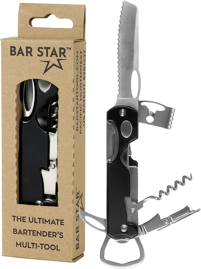 Bar Star Bartender's All-in-One Bar Tool Set: Corkscrew, Zester, Citrus Knife and Bottle Opener Kit with Magnet for Picnics, Tailgating, BBQs, Camping, Travel, Beach Parties and Bartending, Black