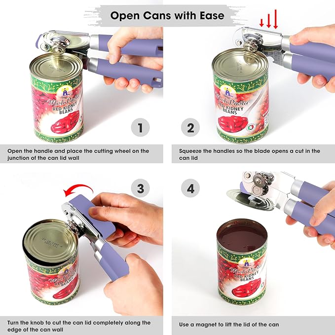 Beneno Heavy Duty Hand Can Opener Manual with Magnet Lid Remover, Purple